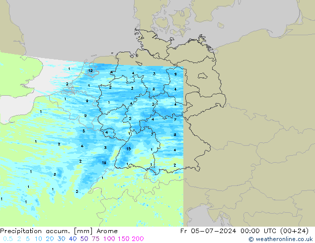 Totale neerslag Arome vr 05.07.2024 00 UTC