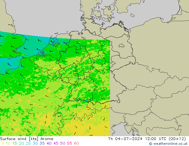 风 10 米 Arome 星期四 04.07.2024 12 UTC