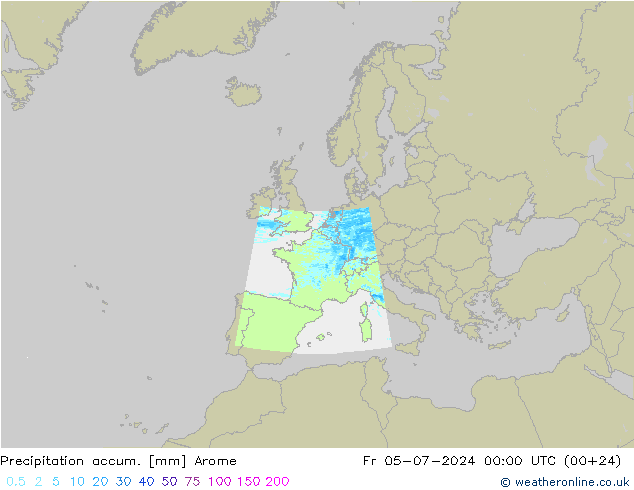 Totale neerslag Arome vr 05.07.2024 00 UTC