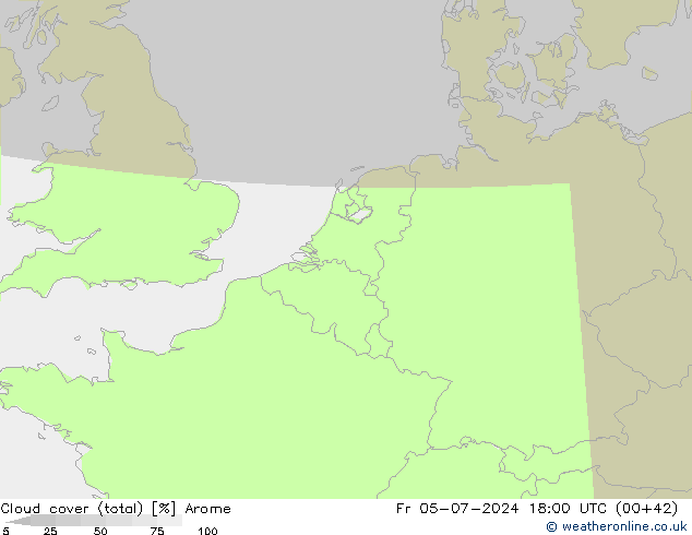 Bewolking (Totaal) Arome vr 05.07.2024 18 UTC