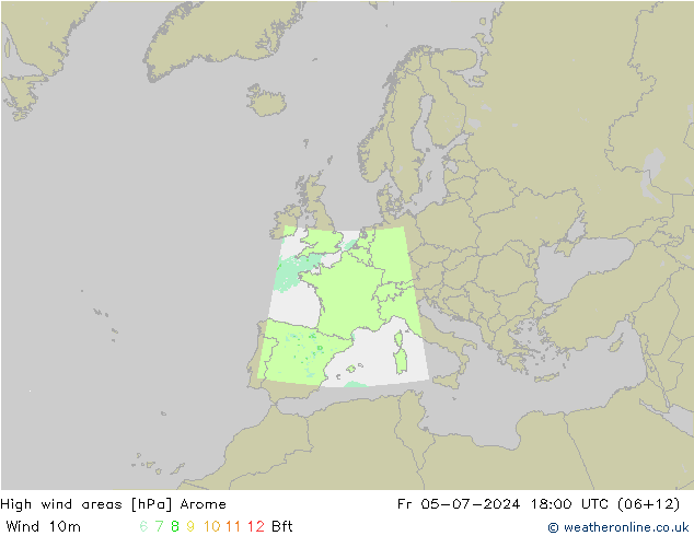 High wind areas Arome 星期五 05.07.2024 18 UTC