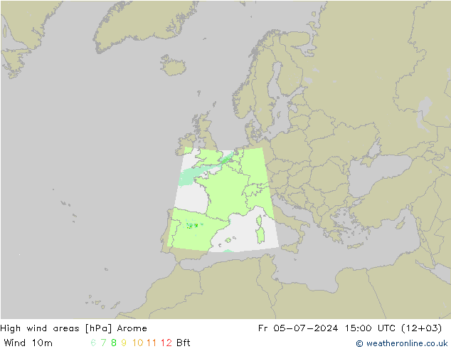 High wind areas Arome 星期五 05.07.2024 15 UTC