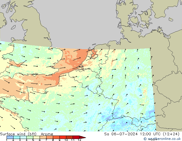 Wind 10 m (bft) Arome za 06.07.2024 12 UTC