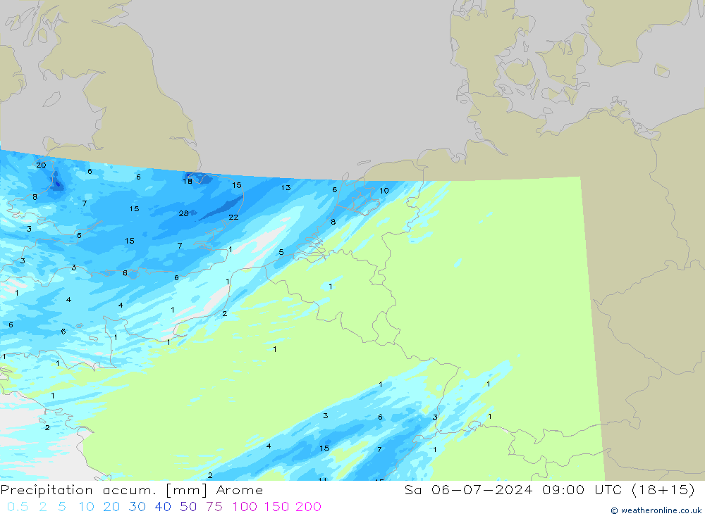 Totale neerslag Arome za 06.07.2024 09 UTC