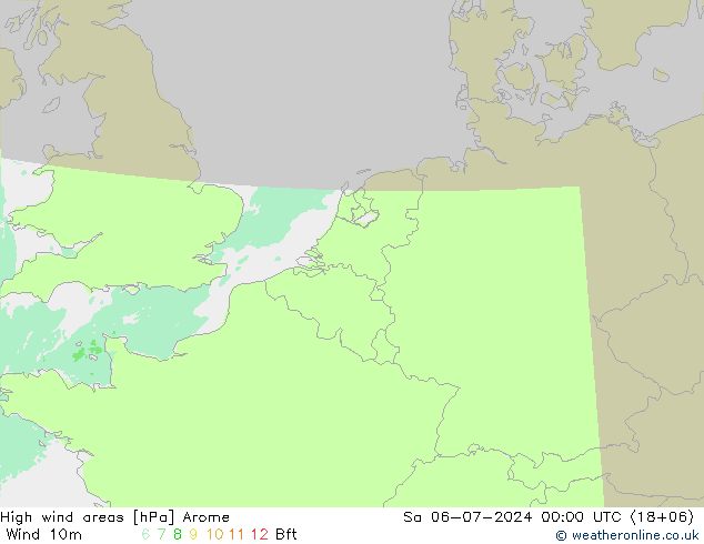 High wind areas Arome 星期六 06.07.2024 00 UTC