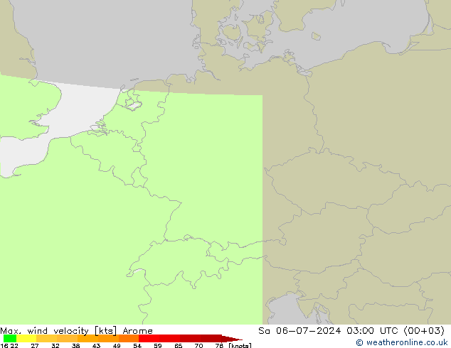 Max. wind velocity Arome 星期六 06.07.2024 03 UTC