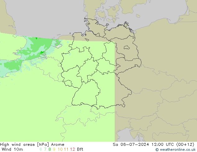 High wind areas Arome 星期六 06.07.2024 12 UTC