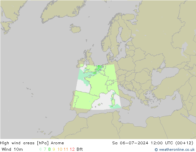 High wind areas Arome 星期六 06.07.2024 12 UTC