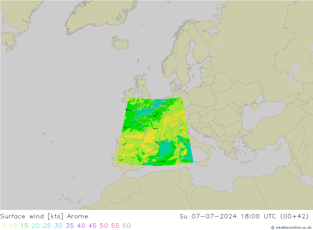 Wind 10 m Arome zo 07.07.2024 18 UTC