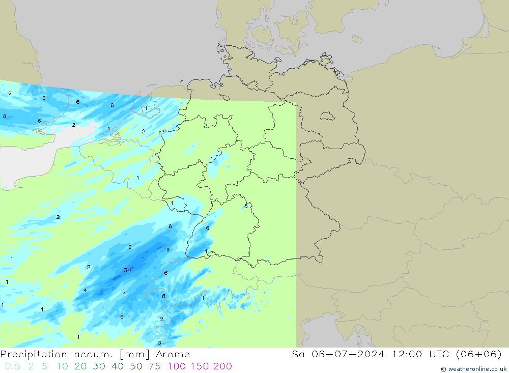 Precipitation accum. Arome 星期六 06.07.2024 12 UTC