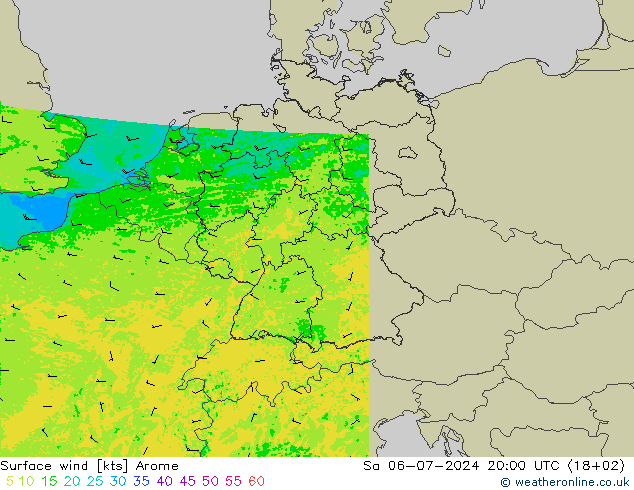 风 10 米 Arome 星期六 06.07.2024 20 UTC