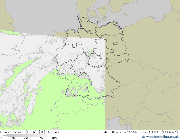 Bewolking (Hoog) Arome ma 08.07.2024 18 UTC