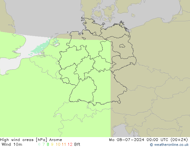 High wind areas Arome 星期一 08.07.2024 00 UTC