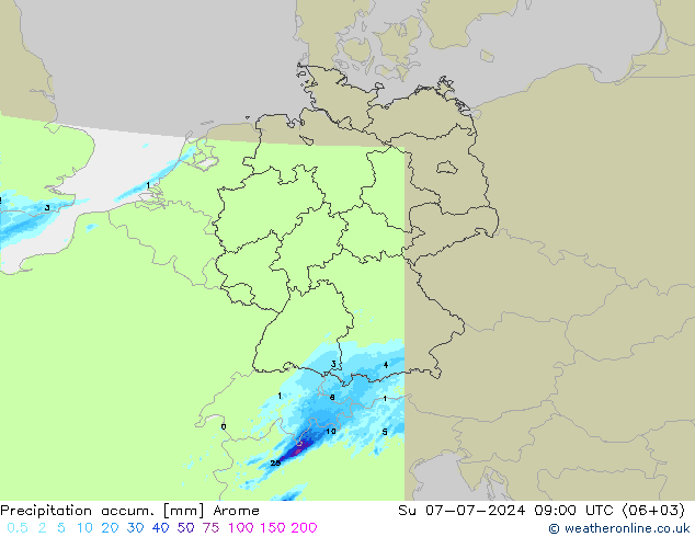 Totale neerslag Arome zo 07.07.2024 09 UTC