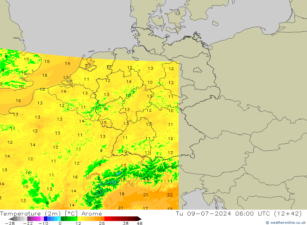 Temperatuurkaart (2m) Arome di 09.07.2024 06 UTC