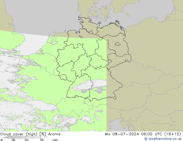 Bewolking (Hoog) Arome ma 08.07.2024 06 UTC