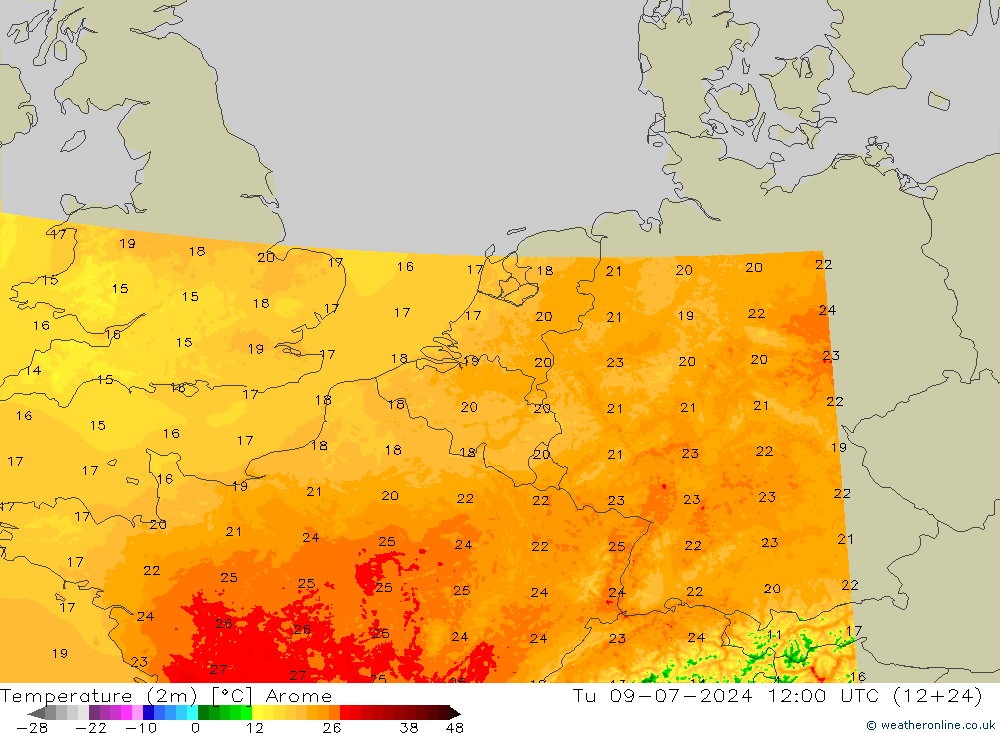 温度图 Arome 星期二 09.07.2024 12 UTC