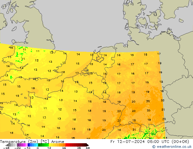 Temperatuurkaart (2m) Arome vr 12.07.2024 06 UTC