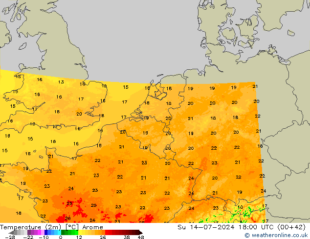 Temperatuurkaart (2m) Arome zo 14.07.2024 18 UTC