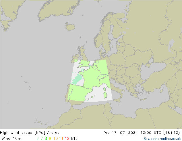 High wind areas Arome 星期三 17.07.2024 12 UTC