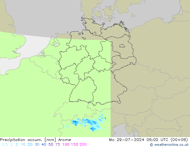 Totale neerslag Arome ma 29.07.2024 06 UTC