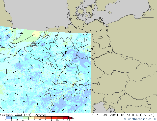 �N 10 米 (bft) Arome 星期四 01.08.2024 18 UTC