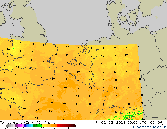 Temperatuurkaart (2m) Arome vr 02.08.2024 06 UTC