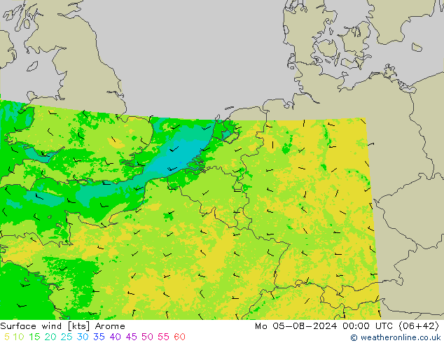 Wind 10 m Arome ma 05.08.2024 00 UTC