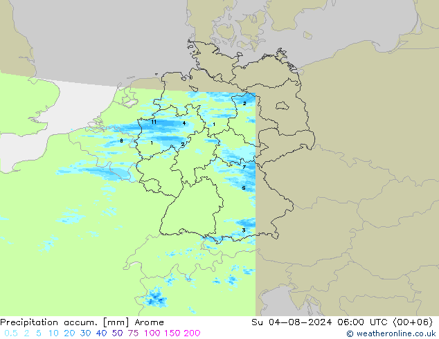 Totale neerslag Arome zo 04.08.2024 06 UTC