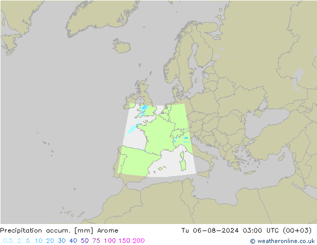 Precipitation accum. Arome 星期二 06.08.2024 03 UTC