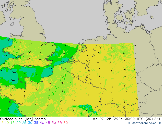 风 10 米 Arome 星期三 07.08.2024 00 UTC