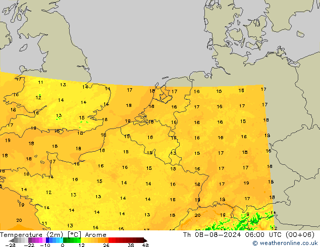 Temperatuurkaart (2m) Arome do 08.08.2024 06 UTC