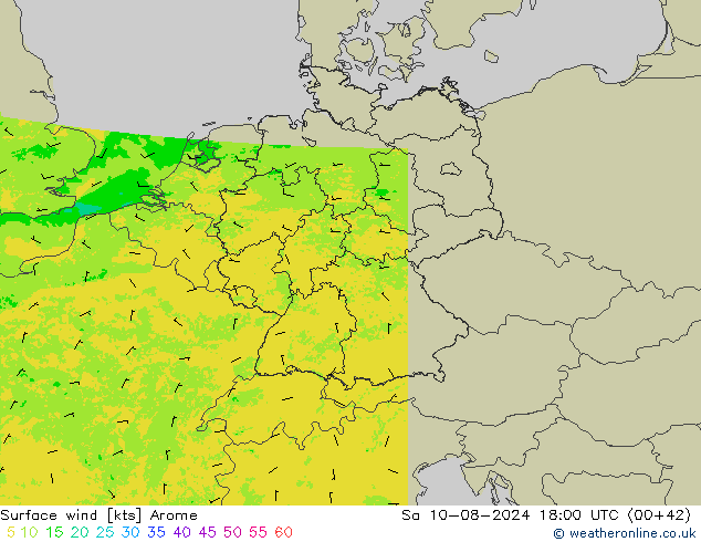 Wind 10 m Arome za 10.08.2024 18 UTC