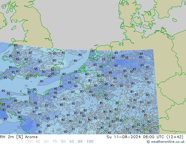 RH 2m Arome 星期日 11.08.2024 06 UTC