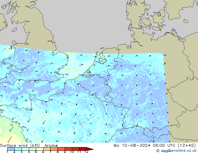 Wind 10 m (bft) Arome ma 12.08.2024 06 UTC