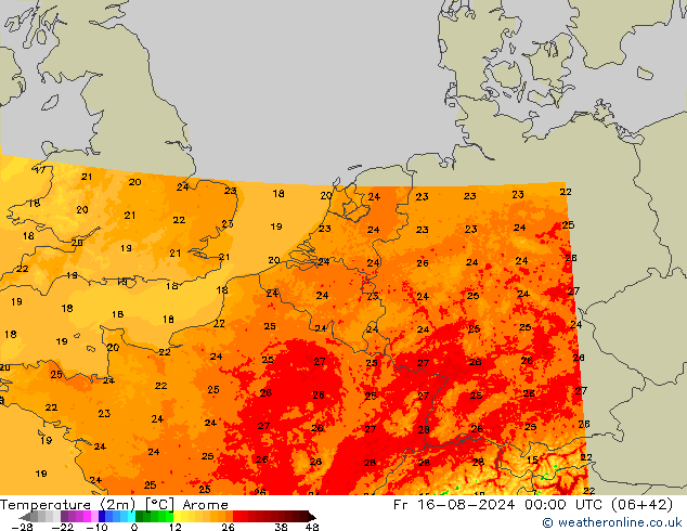 Temperatuurkaart (2m) Arome vr 16.08.2024 00 UTC