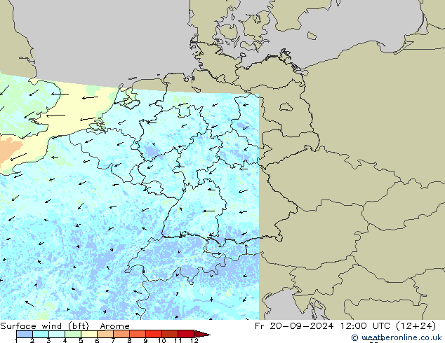 Surface wind (bft) Arome Fr 20.09.2024 12 UTC