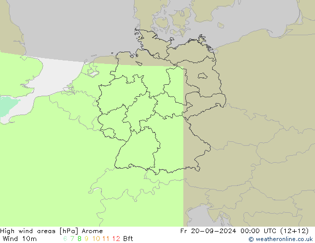 High wind areas Arome  20.09.2024 00 UTC