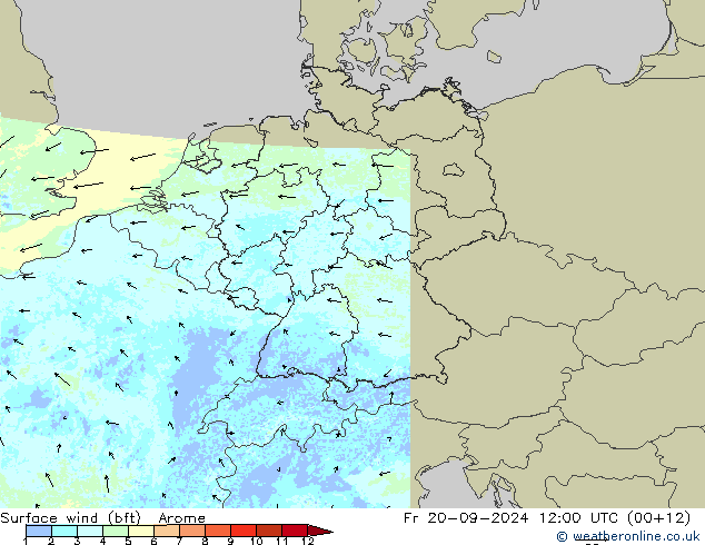 Wind 10 m (bft) Arome vr 20.09.2024 12 UTC