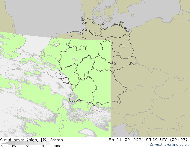 Cloud cover (high) Arome Sa 21.09.2024 03 UTC