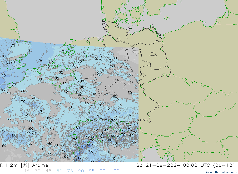 RH 2m Arome 星期六 21.09.2024 00 UTC