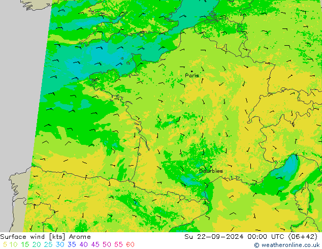 wiatr 10 m Arome nie. 22.09.2024 00 UTC