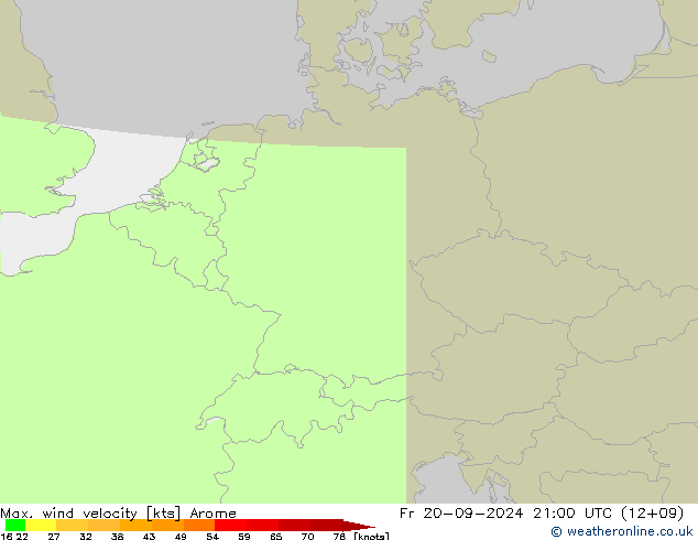 Max. wind snelheid Arome vr 20.09.2024 21 UTC