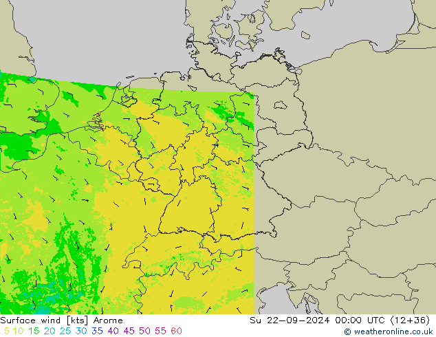 Surface wind Arome Su 22.09.2024 00 UTC