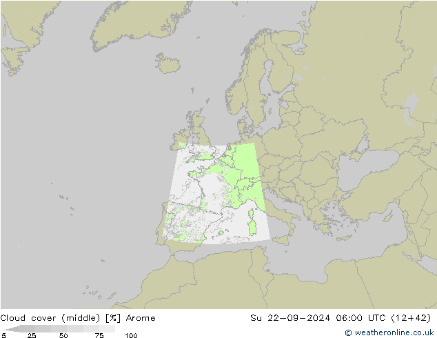 Cloud cover (middle) Arome Su 22.09.2024 06 UTC