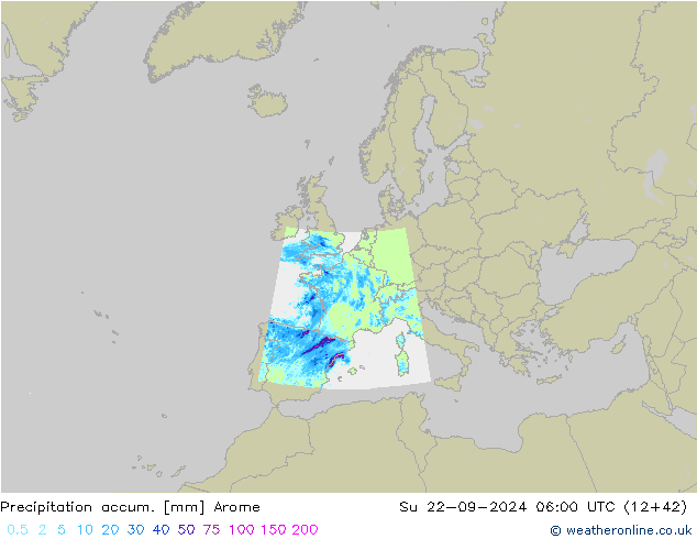 Precipitation accum. Arome dom 22.09.2024 06 UTC