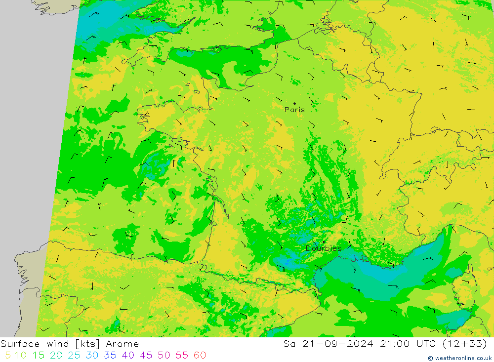 Vento 10 m Arome Sáb 21.09.2024 21 UTC