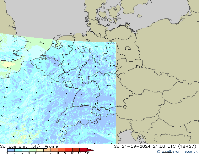 Vent 10 m (bft) Arome sam 21.09.2024 21 UTC