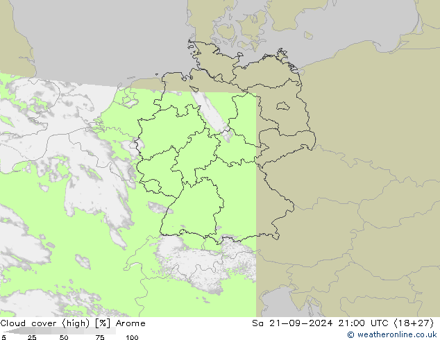 Cloud cover (high) Arome Sa 21.09.2024 21 UTC