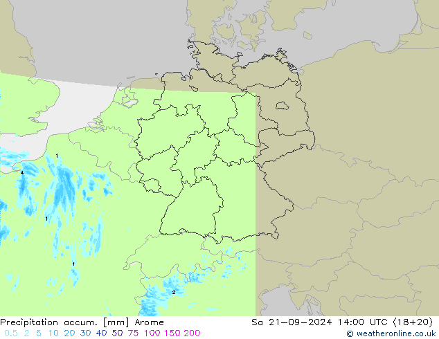 Precipitation accum. Arome Sa 21.09.2024 14 UTC